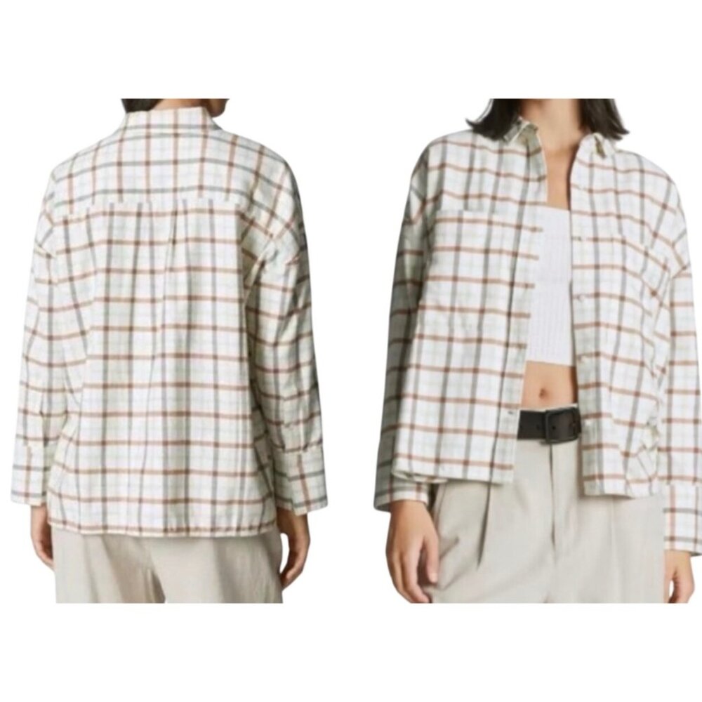 Everlane The Boxy Flannel Top~Size XXS~Tan Green Plaid Long Sleeve Shirt L3 43